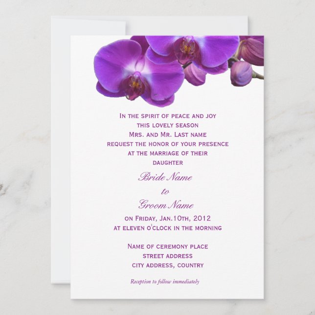 Schöne, elegante, lila Orchideen-Blume Hochzeit Einladung (Vorderseite)