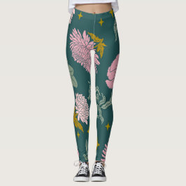 Schöne, elegante, türkisfarbene und rosa Blumen Leggings