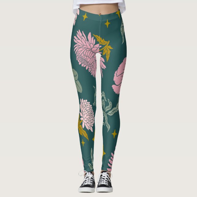 Schöne, elegante, türkisfarbene und rosa Blumen Leggings (Vorderseite)
