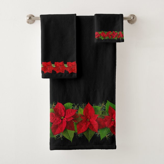 Schöne Elegante Weihnachten Red Poinsettia & Black Badhandtuch Set (Insitu)