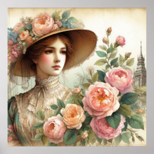 Schöne englische viktorianische Dame und Rosen im Poster
