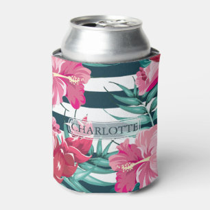 Schöne exotisch rosa Blume Monogramm gestreift Dosenkühler