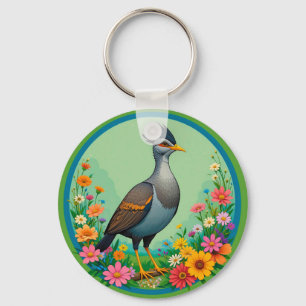Schöne exotische Vogel, der zwischen farbenfrohen Schlüsselanhänger
