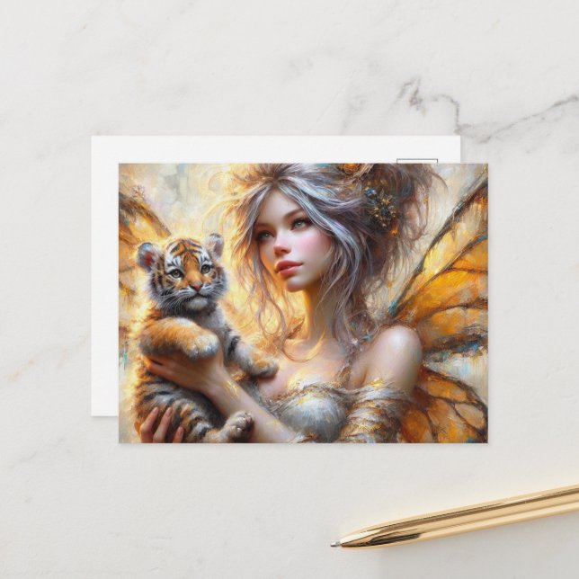 Schöne Fairy und eine Tiger Cube Postkarte (Vorderseite/Rückseite Beispiel)