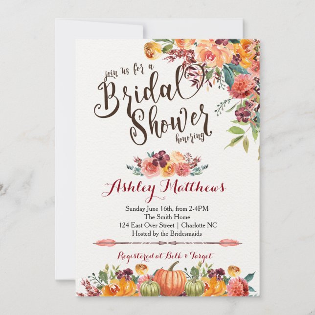 Schöne FalFloral Bridal Dusche Einladung, Baby Einladung (Vorderseite)
