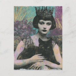 Schöne Fantasy-Königin und ihre schwarze Katze Postkarte