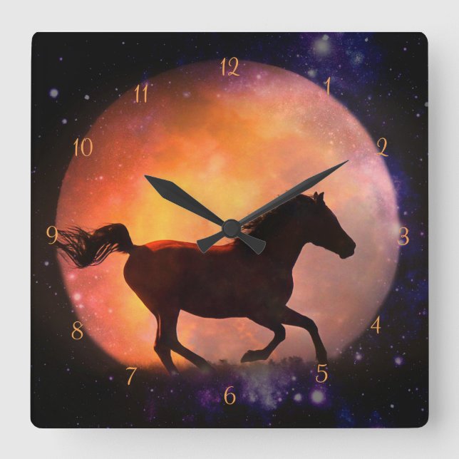 Schöne Fantasy - Pferd- und MondUhr Quadratische Wanduhr (Vorderseite)