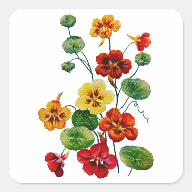 Schöne Farben bestickt Nasturtien Quadratischer Aufkleber (Vorderseite)