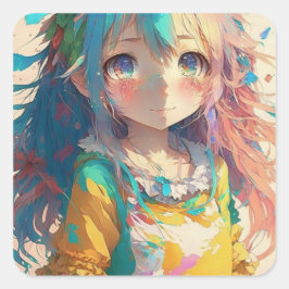 Schöne farbenfrohe Anime Girl Quadratischer Aufkleber