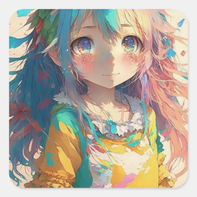 Schöne farbenfrohe Anime Girl Quadratischer Aufkleber (Vorderseite)