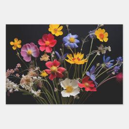 Schöne farbenfrohe Blume auf schwarz Geschenkpapier Set