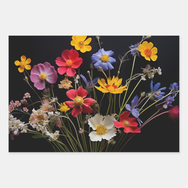 Schöne farbenfrohe Blume auf schwarz Geschenkpapier Set (Vorderseite)