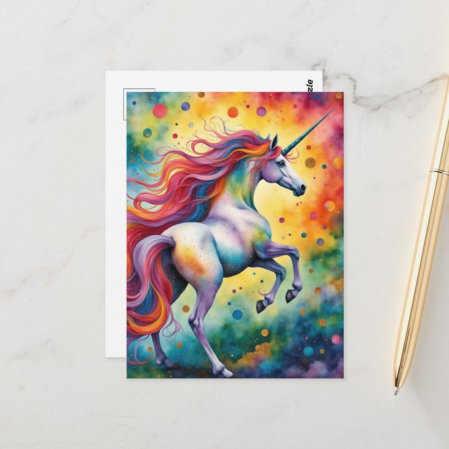 Schöne farbenfrohe Fantasy Einhorn Postkarte (Vorderseite/Rückseite Beispiel)