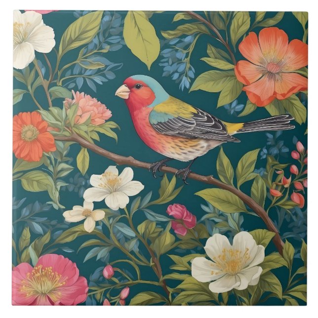 Schöne farbenfrohe Finch Bird Botanisch Fliese (Vorderseite)