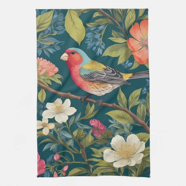 Schöne farbenfrohe Finch Bird Botanisch Geschirrtuch (Vertikal)