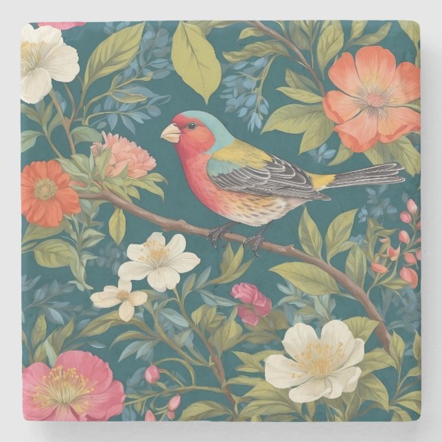 Schöne farbenfrohe Finch Bird Botanisch Steinuntersetzer (Vorderseite)
