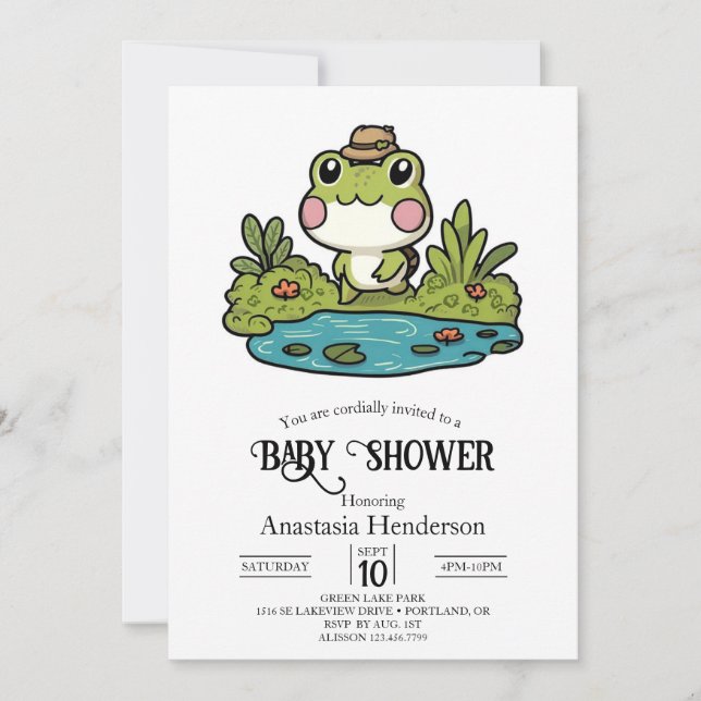 Schöne, farbenfrohe Frog Baby Dusche Einladung (Vorderseite)