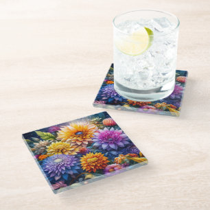 Schöne farbenfrohe KI-Kunstblumen  Glasuntersetzer