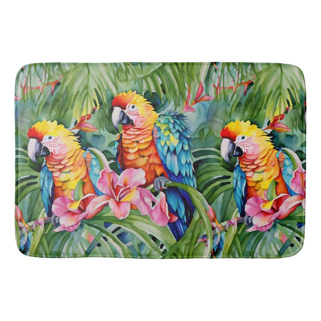 Schöne farbenfrohe Papageien und tropische Blume Badematte (Vorderseite)
