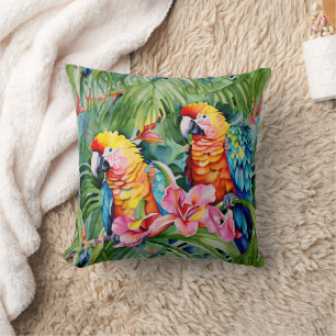 Schöne farbenfrohe Papageien und tropische Blume Kissen