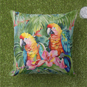 Schöne farbenfrohe Papageien und tropische Blume Kissen