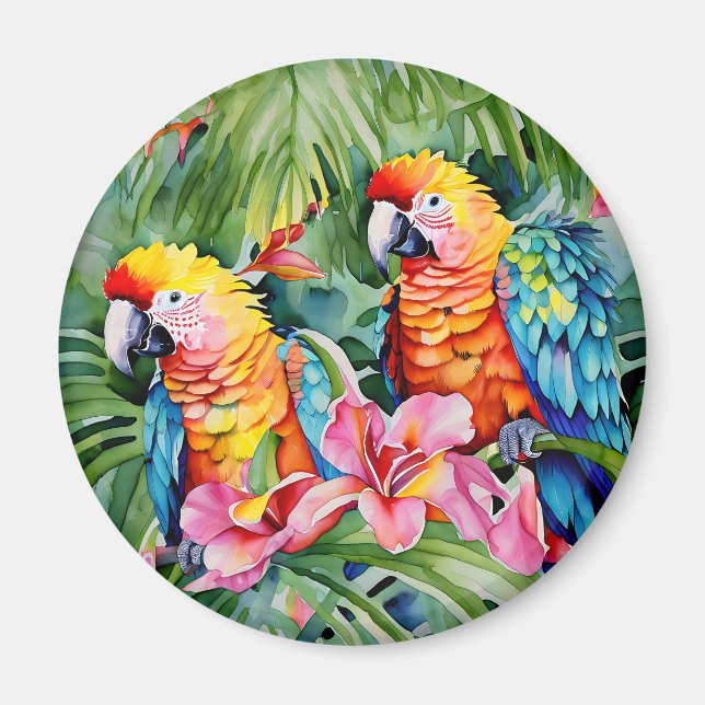 Schöne farbenfrohe Papageien und tropische Blume Magnet (Vorne)