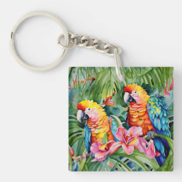 Schöne farbenfrohe Papageien und tropische Blume Schlüsselanhänger
