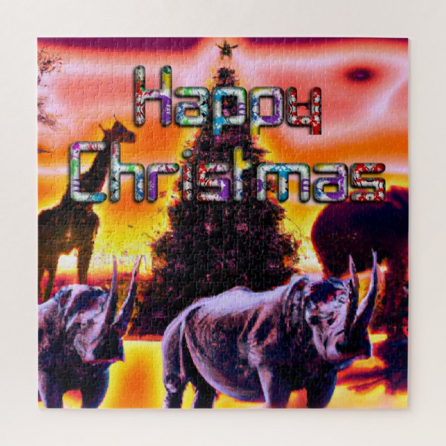 Schöne farbenfrohe Rhinos Weihnachten Sonnenunterg (Vertikal)