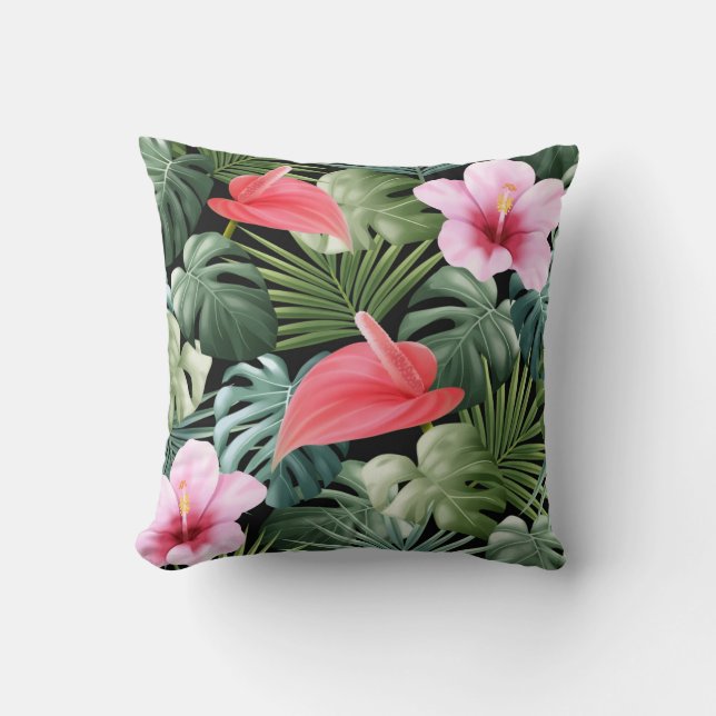 Schöne, farbenfrohe tropische Blume und Blätter Kissen (Vorderseite)