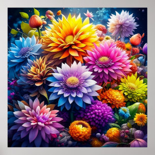 Schöne farbenfrohe Wasserfarben-KI-Kunstblumen  Poster