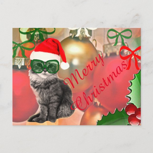 Schöne Ferien Santa Claus Katze Feiertagspostkarte (Vorderseite)