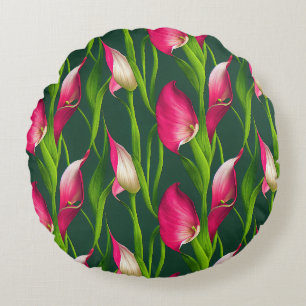 Schöne, fette rosa und grüne Calla-Lilien-Blumen  Rundes Kissen