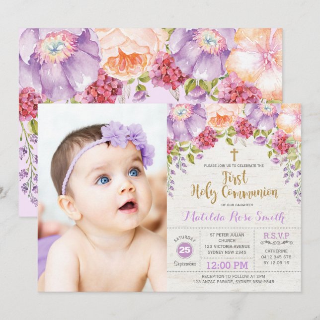 Schöne First-Heilige Kommune Lila Gold Floral Einladung (Vorne/Hinten)