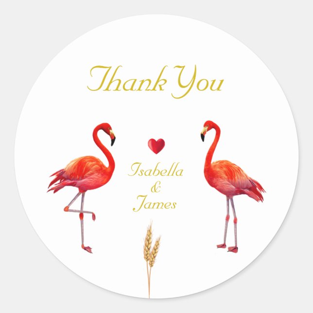 Schöne Flamingos auf Golden und Weiß Vielen Dank Runder Aufkleber (Vorderseite)