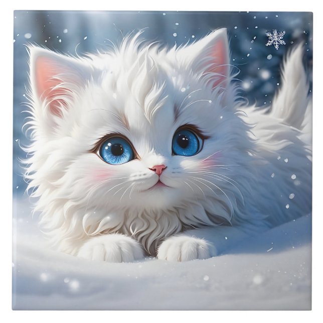 Schöne, flauschig weiße Katze Blue Eyes Pink Cheek Fliese (Vorderseite)