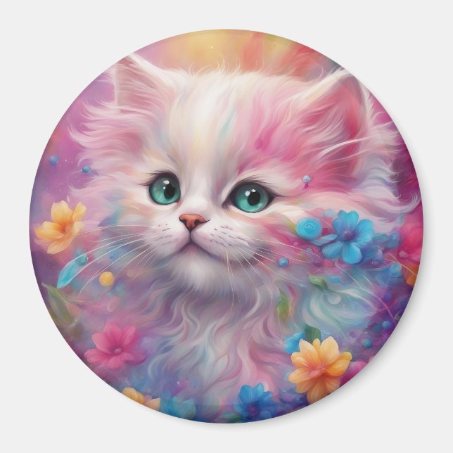 Schöne, flauschig weiße Katze Magnet (Vorne)