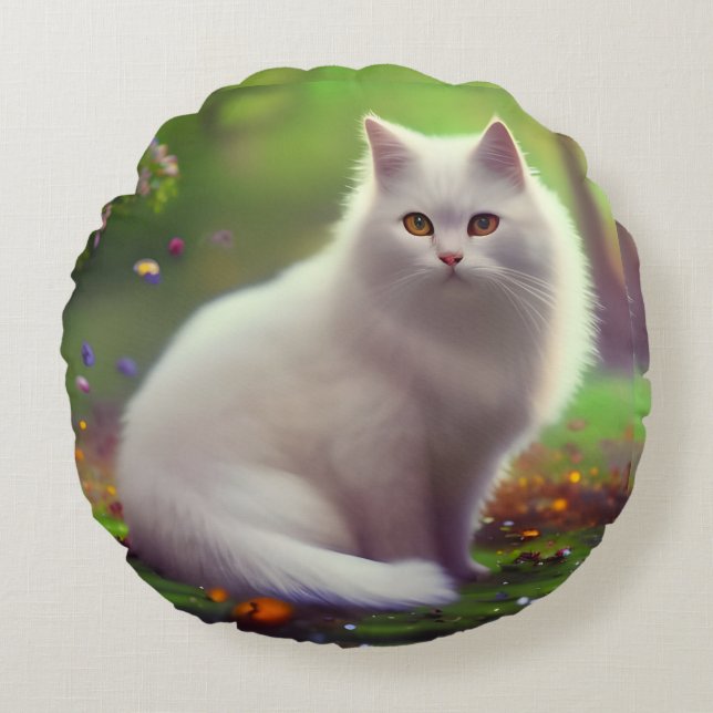 Schöne, flauschig weiße Katze Rundes Kissen (Vorderseite)