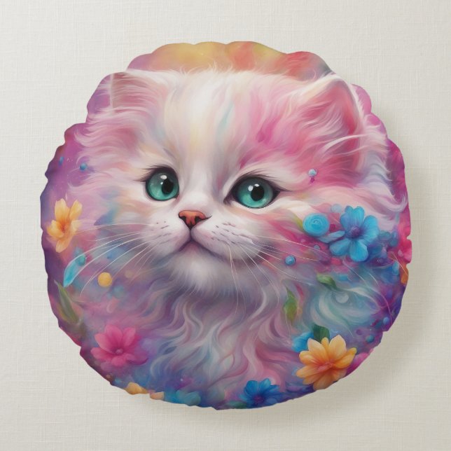 Schöne, flauschig weiße Katze Rundes Kissen (Vorderseite)