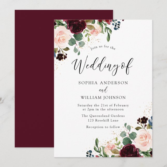 Schöne Floral Watercolor Burgund Hochzeit Einladung (Vorne/Hinten)