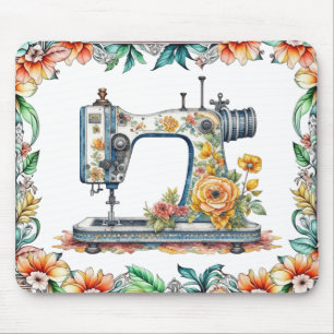 Schöne, florale, antike Nähmaschine und Blumen Mousepad