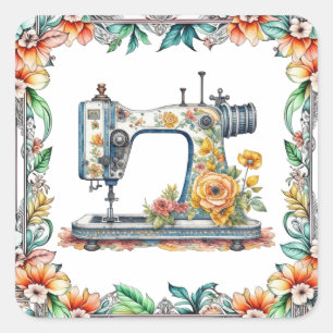 Schöne, florale, antike Nähmaschine und Blumen Quadratischer Aufkleber