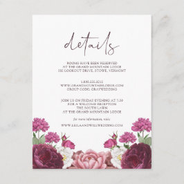 Schöne florale Burgundy Wedding Details Begleitkarte