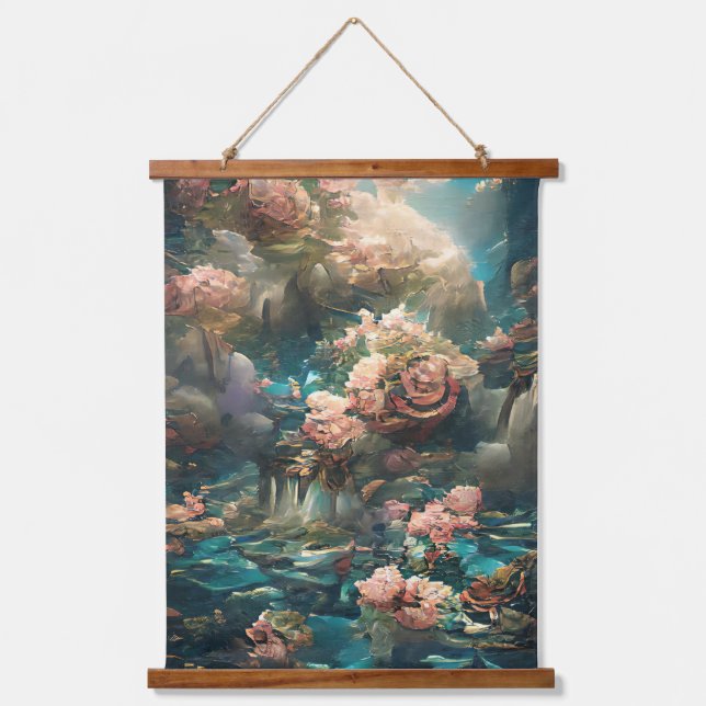 Schöne, florale Traumwelt Kunstwerk Wandteppich Mit Holzrahmen (Vorderseite)