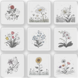 Schöne Flourish-Blumen-Zeichnungen 9 Blatt Aufkleber