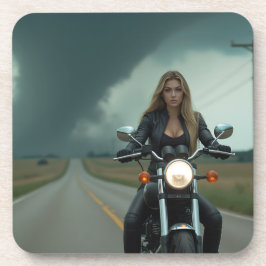Schöne Frau auf Motorrad \ Tornado Getränkeuntersetzer