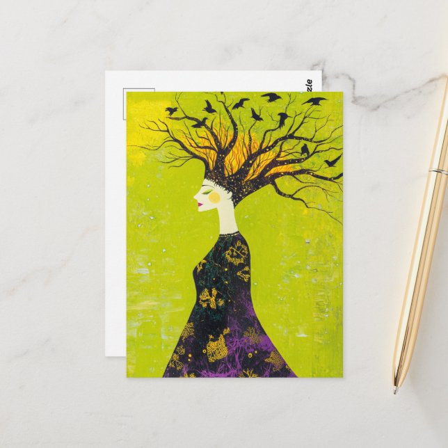 Schöne Frau des Waldes und Vögel Postkarte (Vorderseite/Rückseite Beispiel)