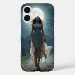 Schöne Frau, die in einem mondbeschienenen Friedho iPhone 16 Hülle