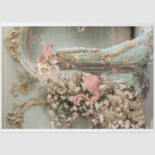 Schöne Frau, Flamingo und Blumen, Porträtkunst Seidenpapier