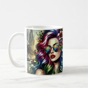 Schöne Frau in der Stadt Kaffeetasse