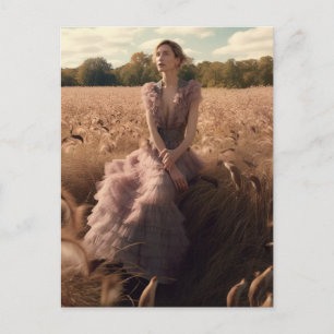 Schöne Frau in einem Kleid auf einem Feld Postkarte